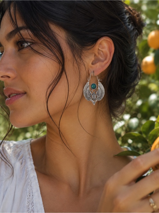 Jewelry - Silver Winged Drop Earrings with Green Stone -  Jewelry
